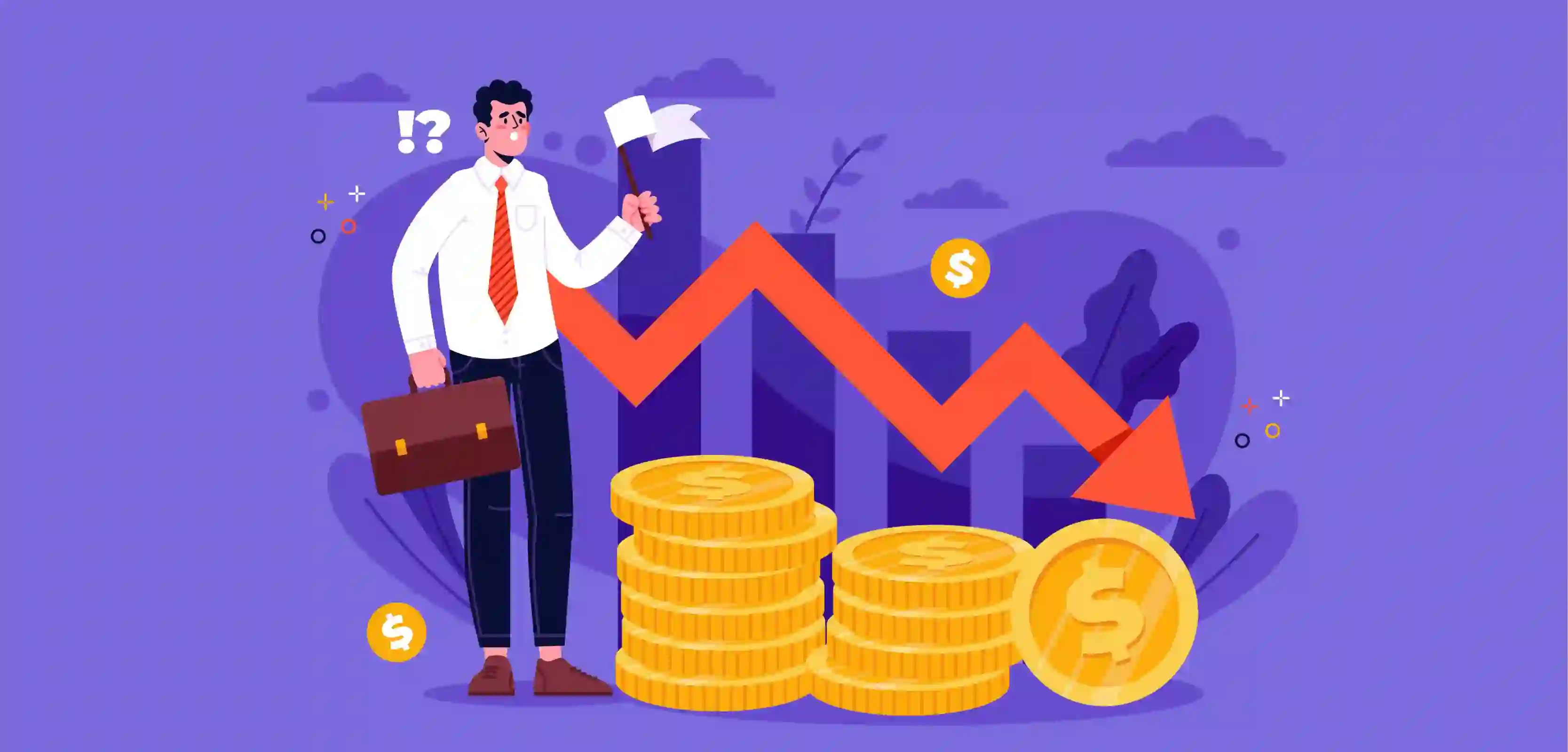 A Man Wearing White Shirt and Black Pant with Tie in Neck Carry A Leather Brown Bag in One Hand and White Flag in Other Hand Looking At Dollar Coin & Arrow which is Going Downwards