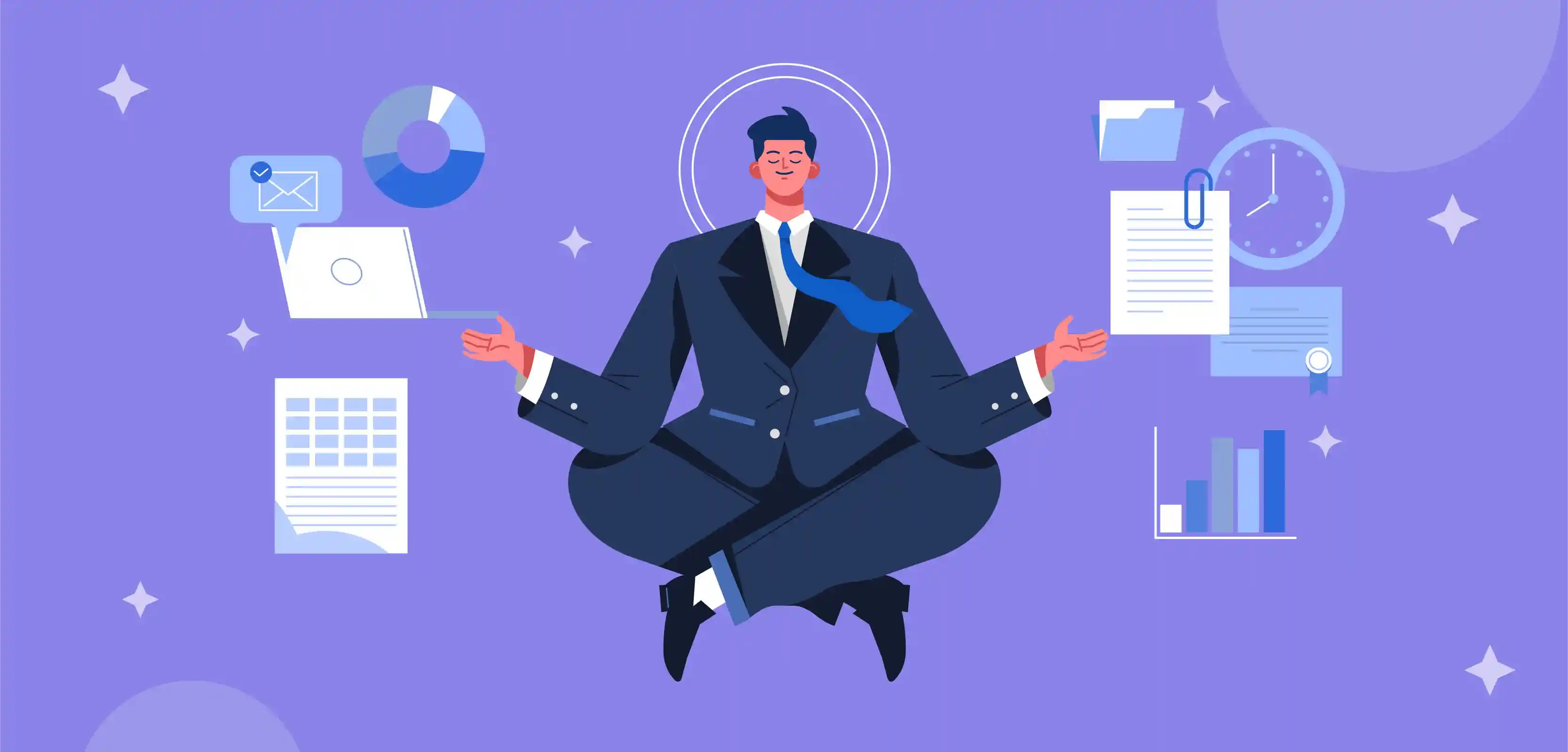 A Man Wearing Suit with Blue Tie is Sitting & Surrounding With Wall Clock, CD, Calculator, Chart, Folder and Page 