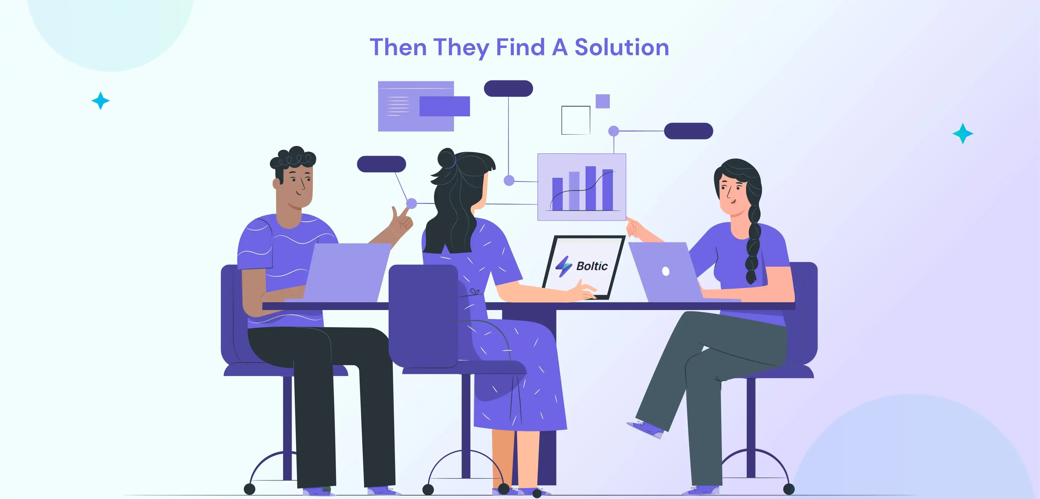 There are Three Person Who Sitting On Chairs With Laptop On Tables and Finding Solution with the Help of Boltic