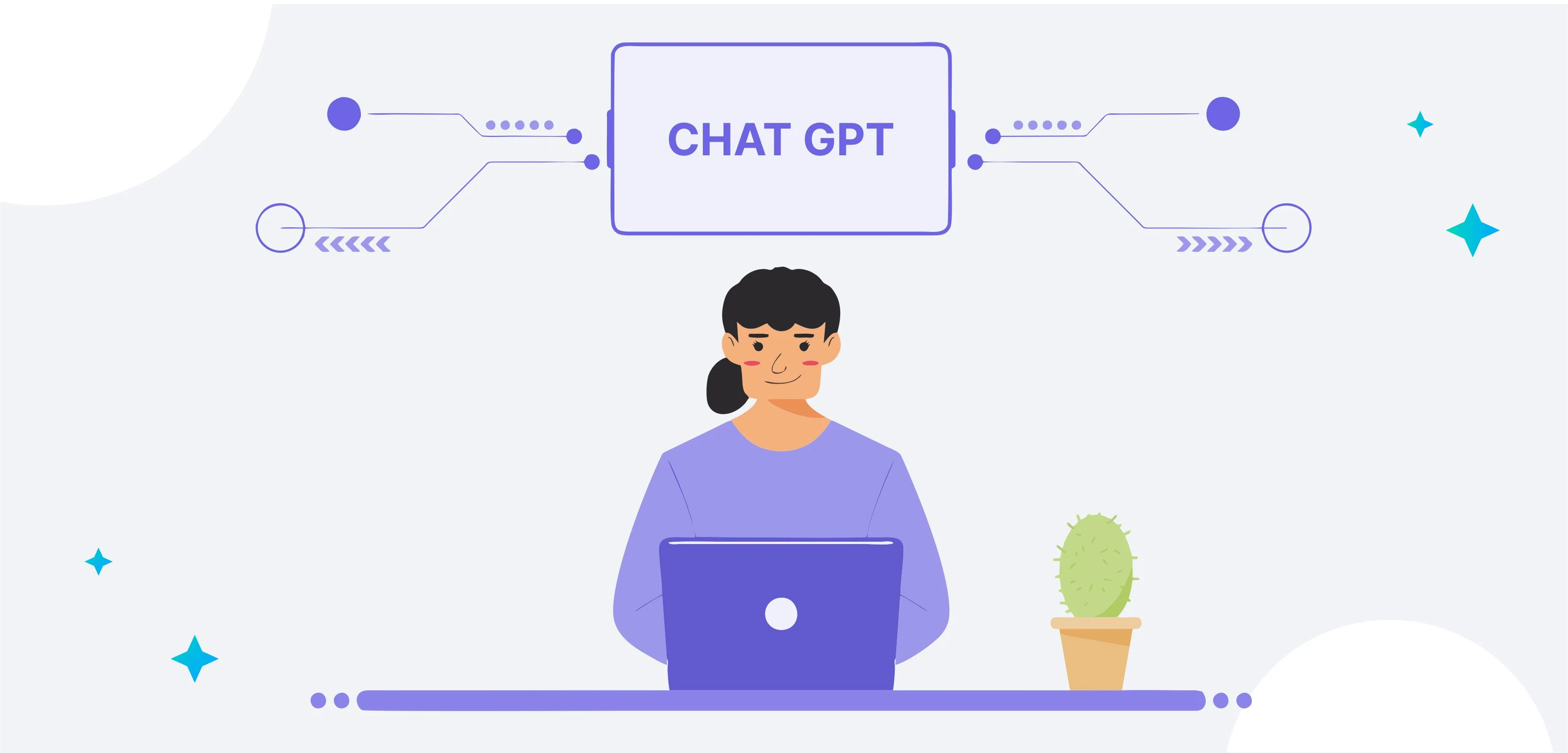 A Girl Sitting on Desk With Laptop & There is ChatGPT Logo Showing Above Girl's Head