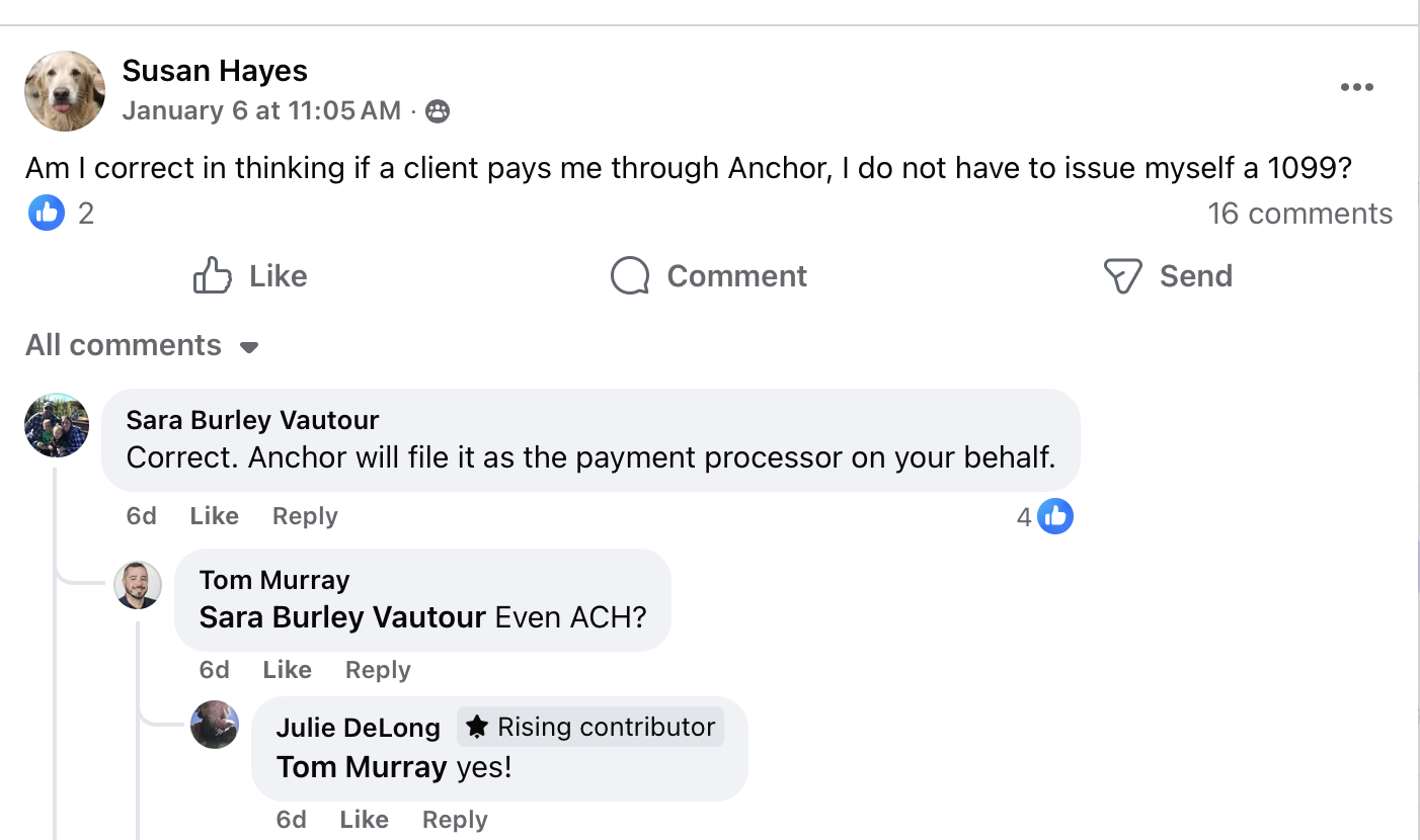 A screenshot of Facebook comments showing customers  discussing Anchor's 1099 workflow
