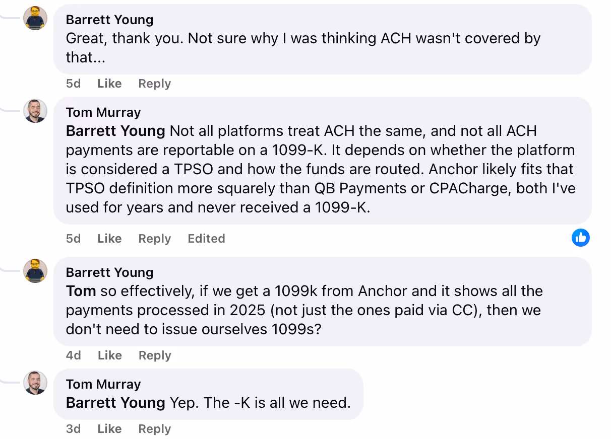 A screenshot of Facebook comments showing customers praising Anchor's 1099 workflow