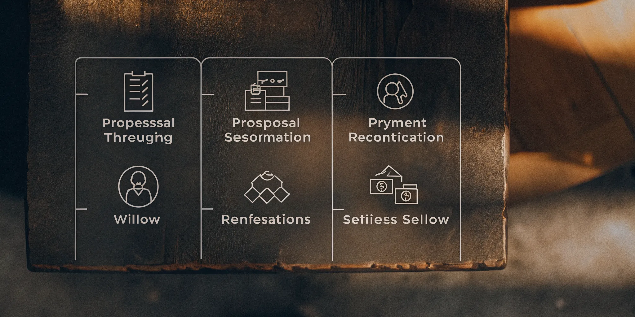Six-stage professional services billing workflow diagram from proposal through reconciliation