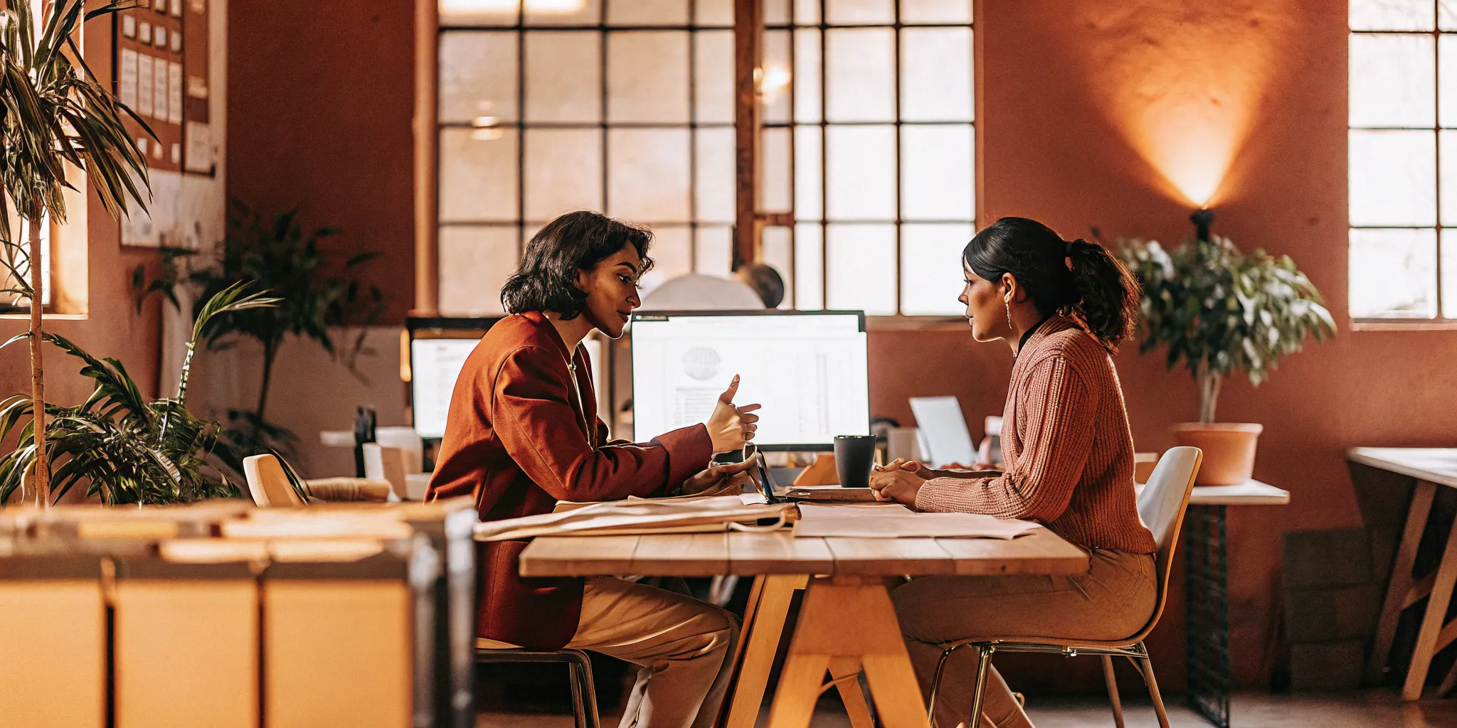 Two accounting professionals in conversation at a modern office table