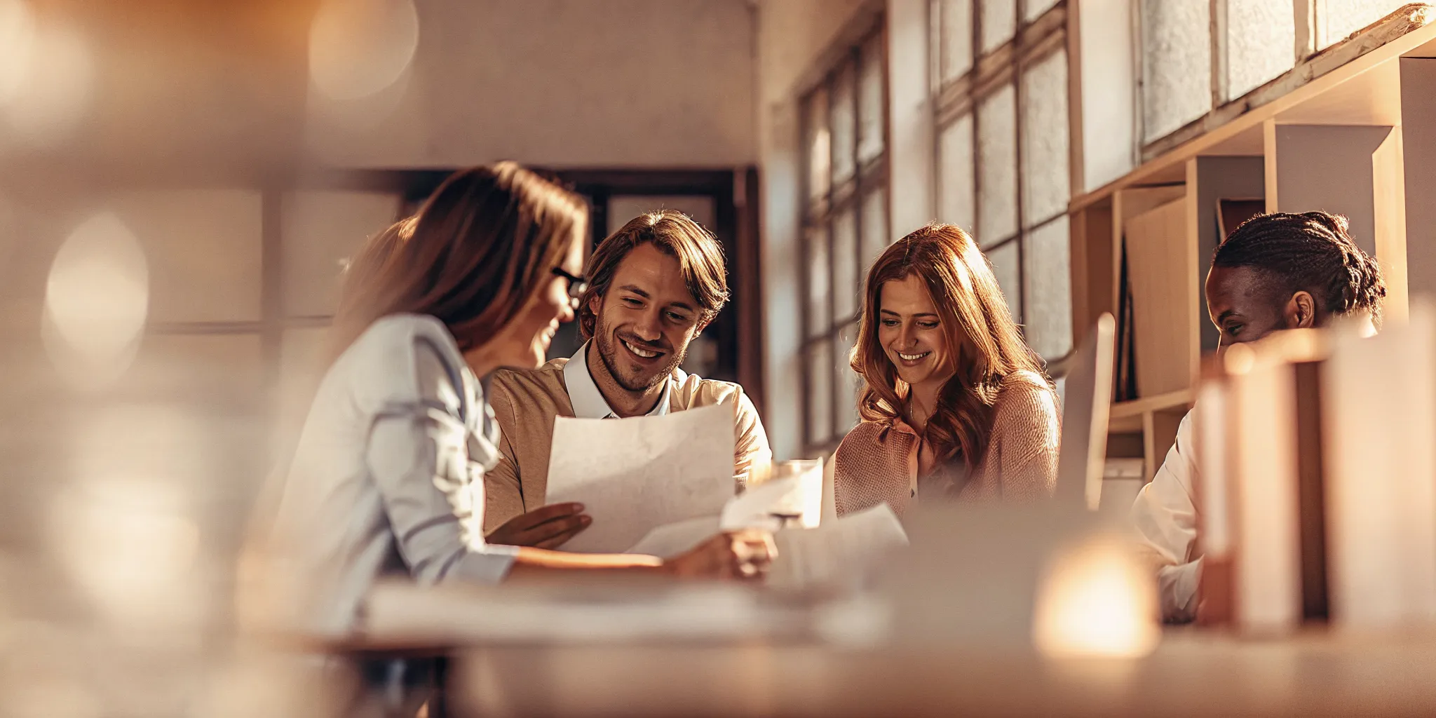 Accounting team reviewing a signed client agreement in a bright modern office