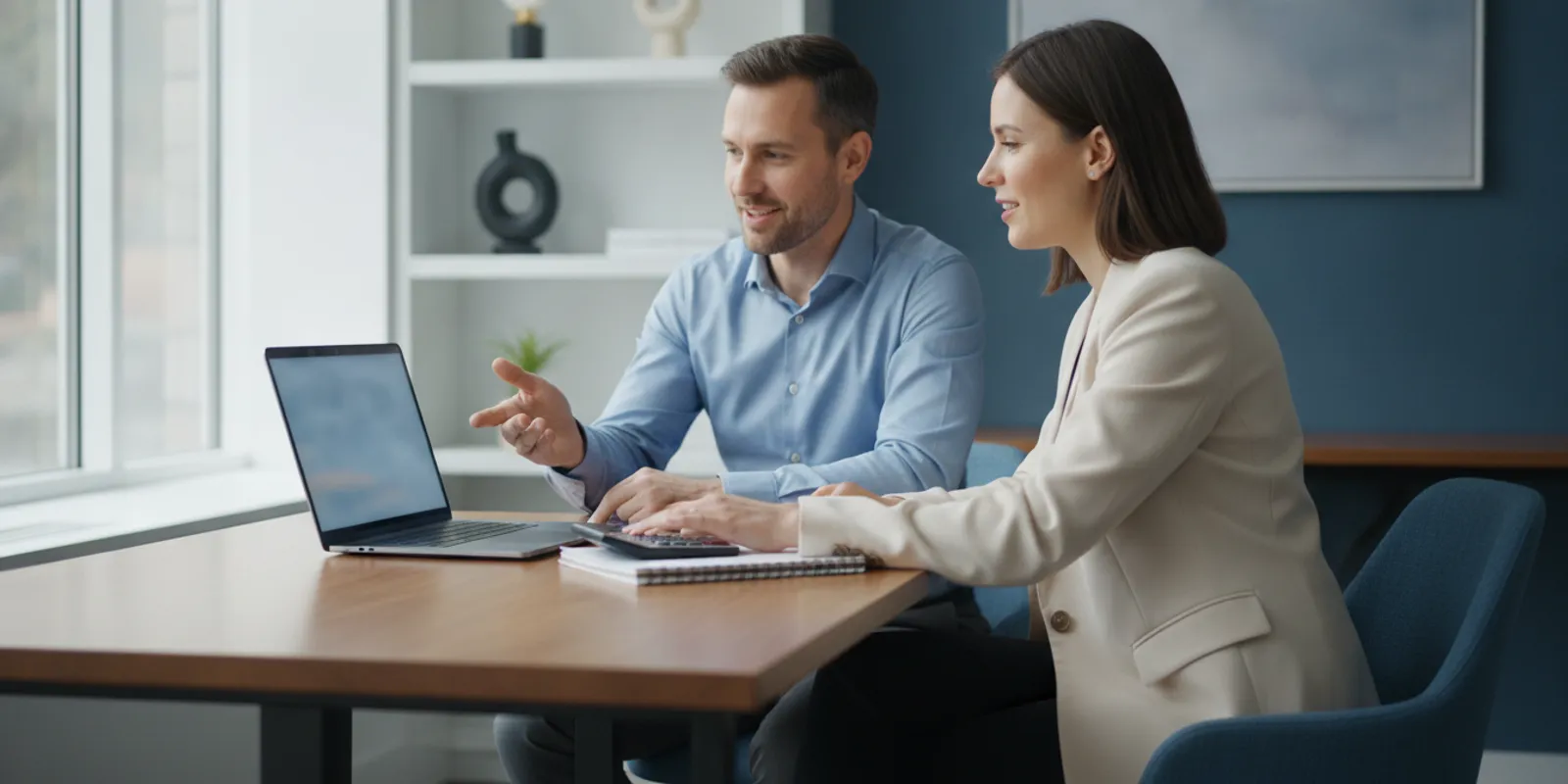 Accountant reviewing a digital proposal with a client at a desk