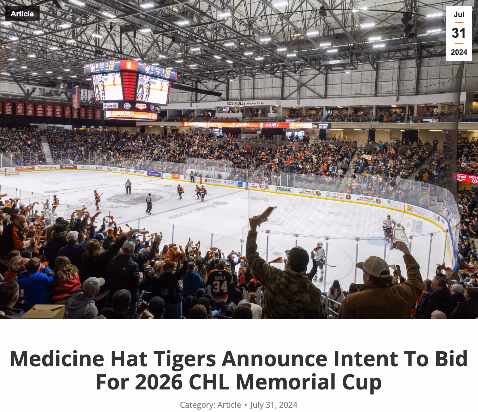 Medicine Hat Tigers Plan to Bid For 2026 CHL Memorial Cup