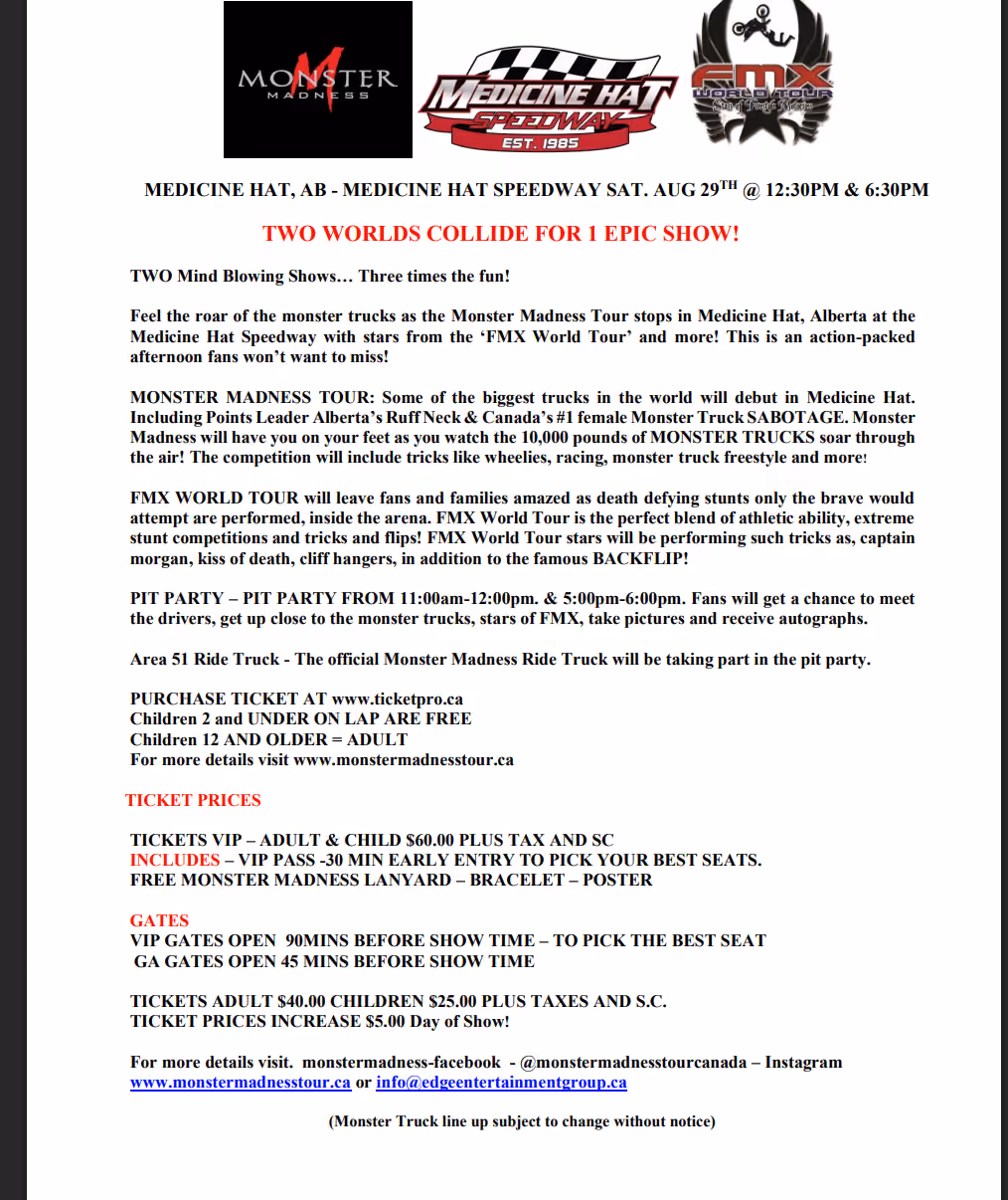Monster Madness Tour | Medicine Hat Speedway | August 29th 