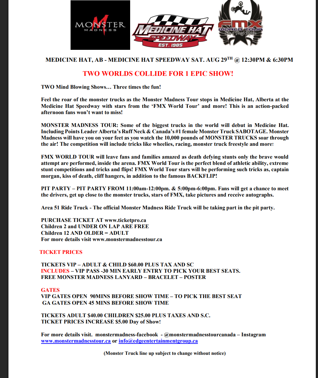 Monster Madness Tour | Medicine Hat Speedway | August 29th