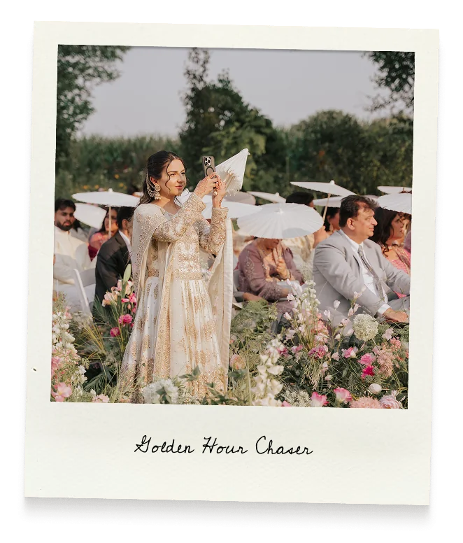 Polaroid of Marriam taking a photo at an outdoor wedding, captioned Golden Hour Chaser