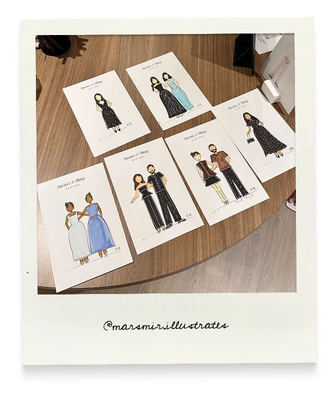 Polaroid of live event illustrations of wedding guests, captioned @marsmir.illustrates