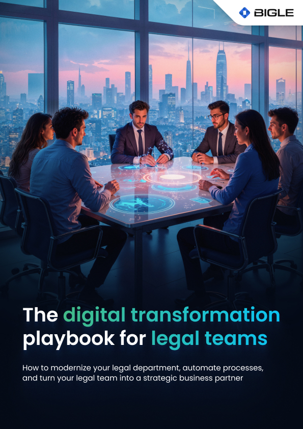 Legal department team gathered around a table in a meeting, using legal technology 