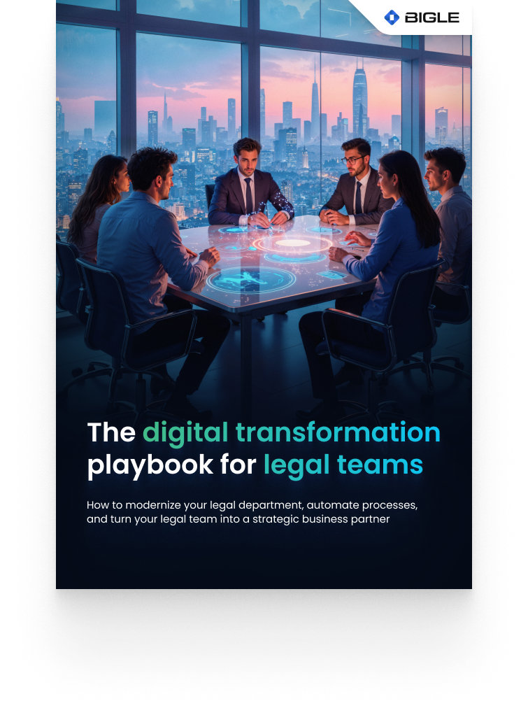 Legal department team gathered around a table in a meeting, using legal technology 