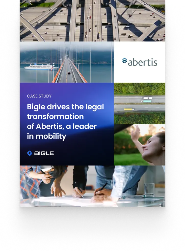 Cover image for a Bigle and Abertis success story. The collage features highways, bridges, moving vehicles, people collaborating in a meeting, and a woman outdoors. The central text reads: “Success Story: Bigle drives the legal transformation of Abertis, a leader in mobility.”