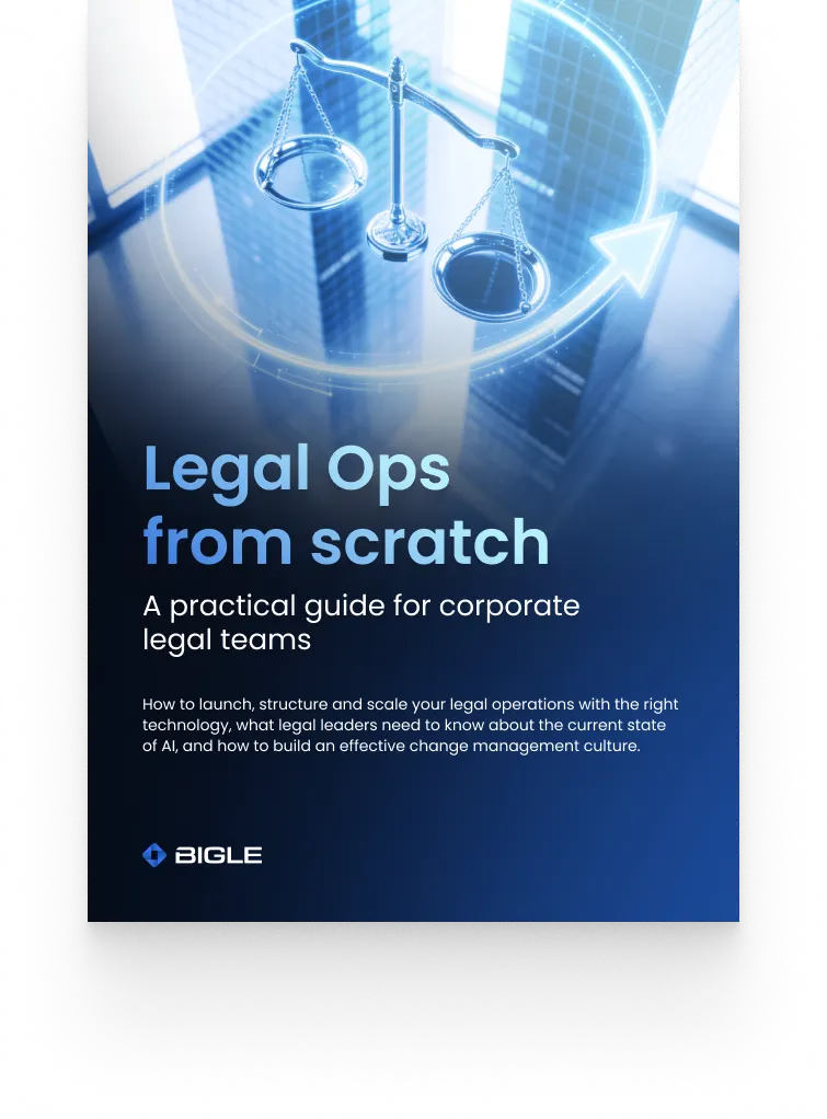 Cover image of a Legal Operations guide for corporate legal teams, showing a balance scale alongside upward growth charts.