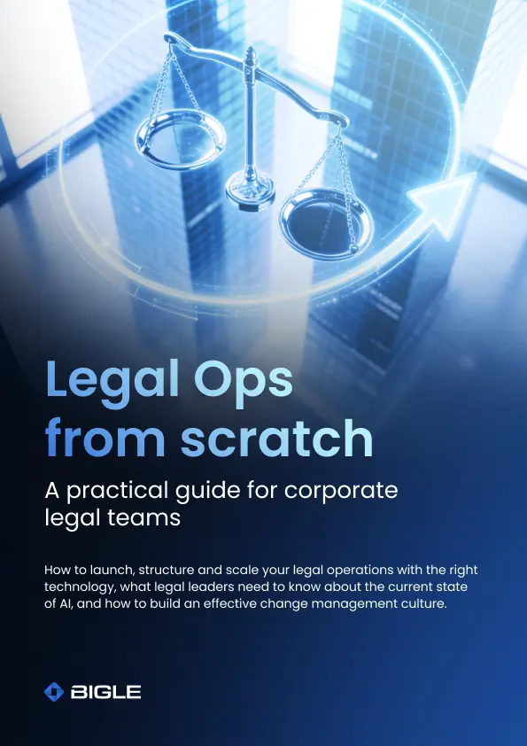 Cover image of a Legal Operations guide for corporate legal teams, showing a balance scale alongside upward growth charts.