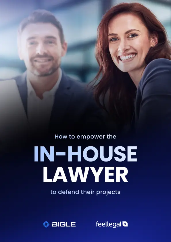 Two smiling lawyers with their arms crossed. Cover of Bigle Legal's ebook for the in-house lawyer.