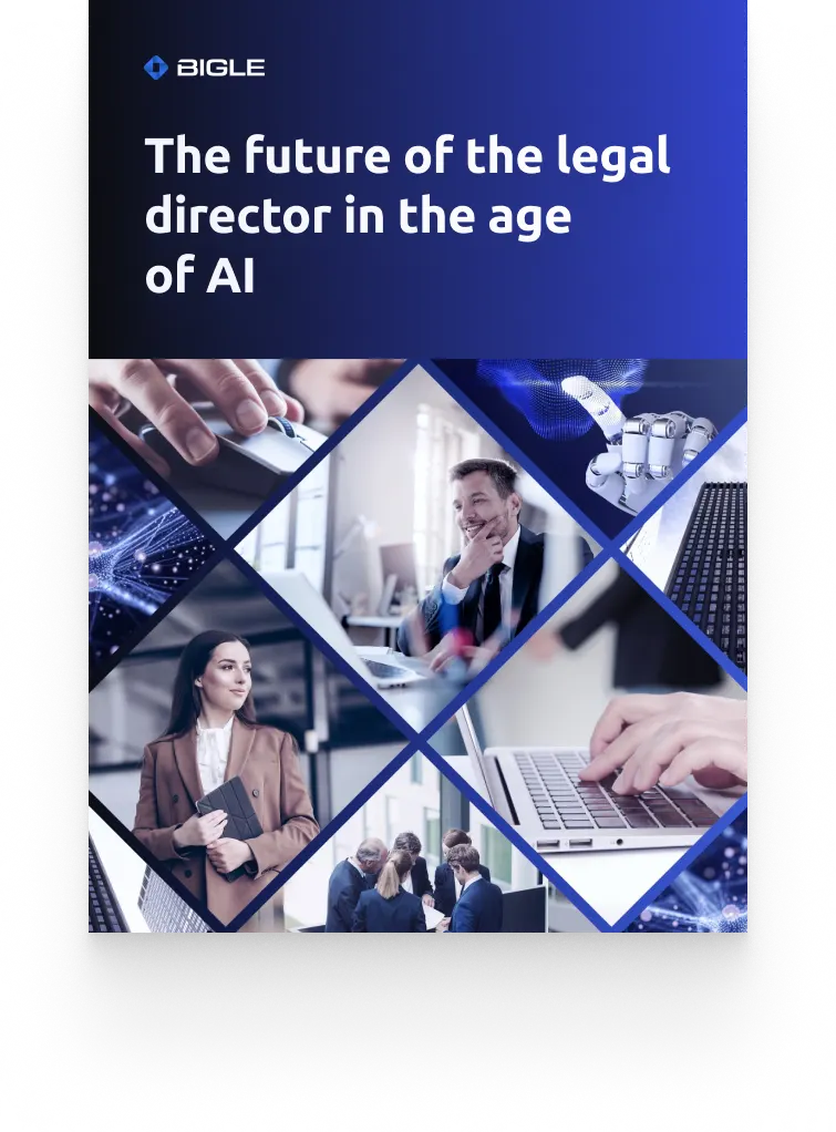 Cover of Bigle's ebook "El futuro del director legal en tiempos de la IA" (The future of the General Counsel in the age of AI), featuring a collage of legal professionals, computers and a robotic hand.