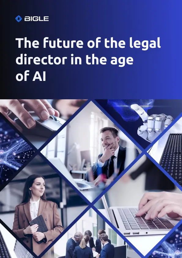 Cover of Bigle's ebook «The future of the legal director in the age of AI», featuring a collage of legal professionals, computers and a robotic hand.