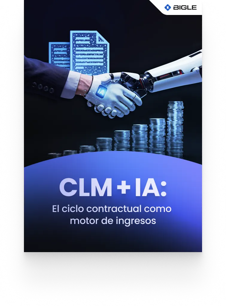Portada del ebook de Bigle «CLM + IA: El ciclo contractual como motor de ingresos». Una mano humana con traje estrecha la mano de un robot con la etiqueta «IA», con documentos digitales al fondo y pilas de monedas en aumento.