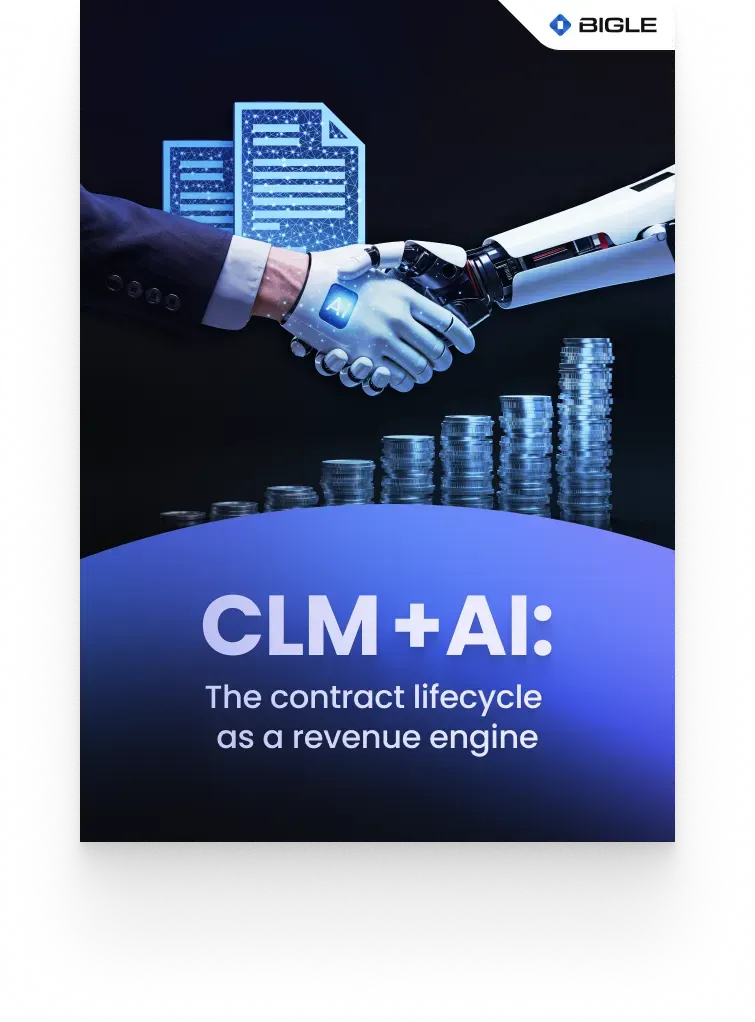 Cover of Bigle's ebook "CLM + AI: the contract lifecycle as a revenue engine" (CLM + AI: The Contract Lifecycle as a Revenue Driver). A human hand in a suit shakes hands with a robot hand labeled "IA", with digital documents in the background and rising stacks of coins.