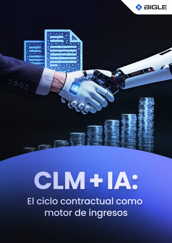 Portada del ebook de Bigle «CLM + IA: El ciclo contractual como motor de ingresos». Una mano humana con traje estrecha la mano de un robot con la etiqueta «IA», con documentos digitales al fondo y pilas de monedas en aumento.