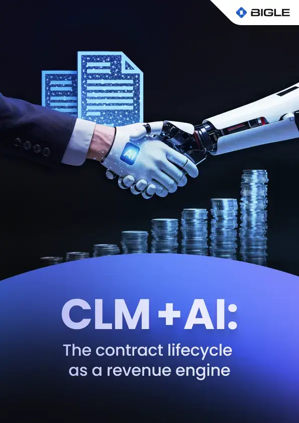 Cover of Bigle's ebook "CLM + AI: the contract lifecycle as a revenue engine" (CLM + AI: The Contract Lifecycle as a Revenue Driver). A human hand in a suit shakes hands with a robot hand labeled "IA", with digital documents in the background and rising stacks of coins.