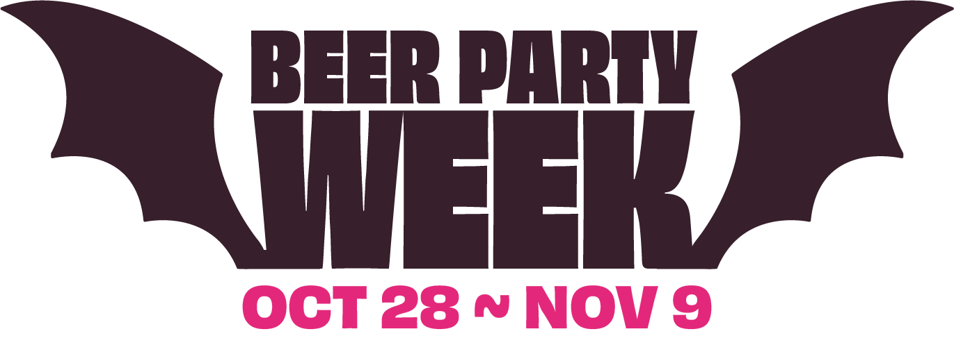 Logo for Beer Party Week with bat wings on either side and event dates Oct 28 to Nov 9 in pink text below.