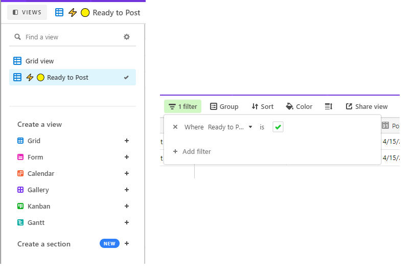 Create a view in your Airtable table for posts that are marked "Ready to post"