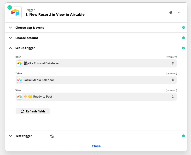 Create a Zap that triggers whenever a new record is added to your "Ready to post" view in Airtable