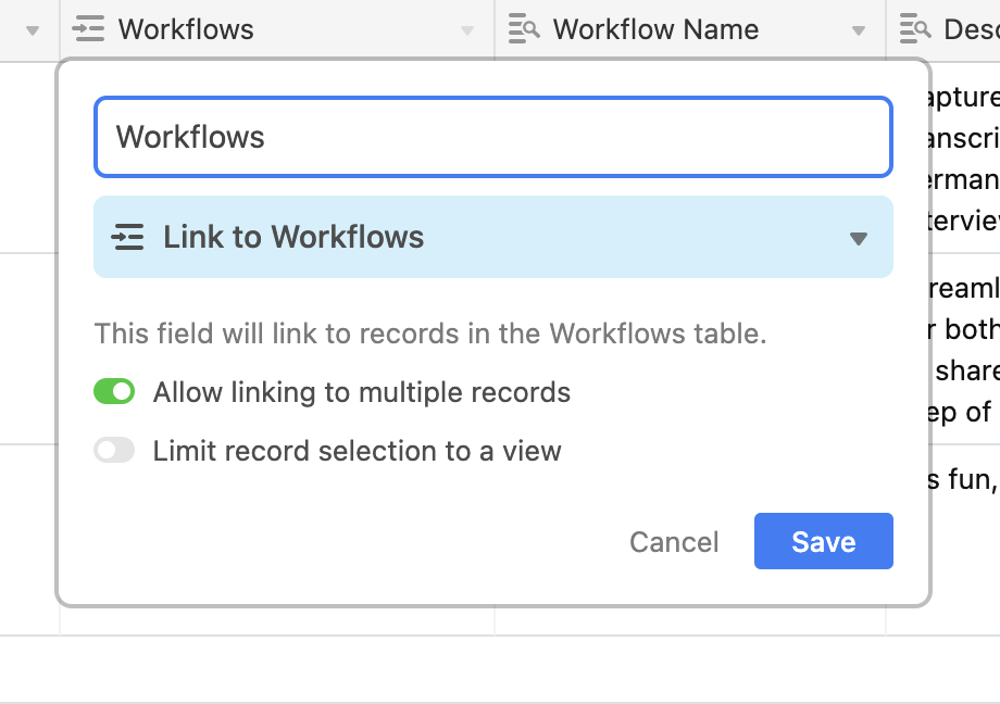 Choose "linked record" for your column type