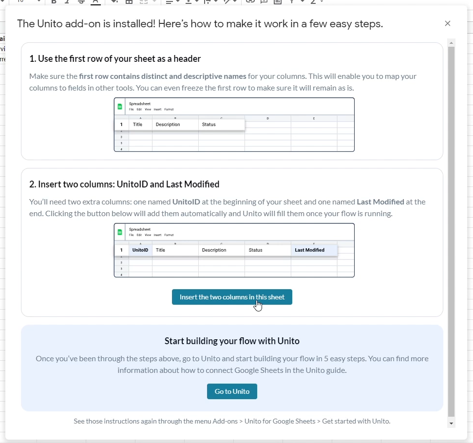 Use the Unito add-on to create additional required columns