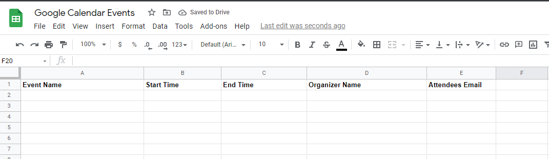 add columns to Google Sheets for each data point you want to collect from Calendar