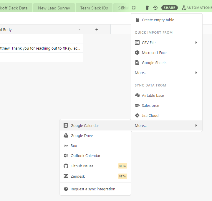 Create a new table in Airtable and sync data directly from Google Calendar