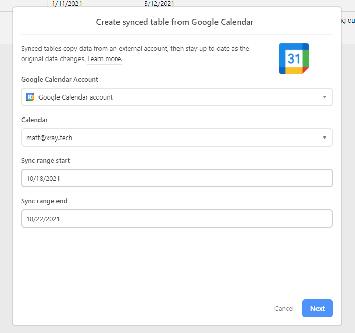 configure your sync options for Google Calendar and Airtable