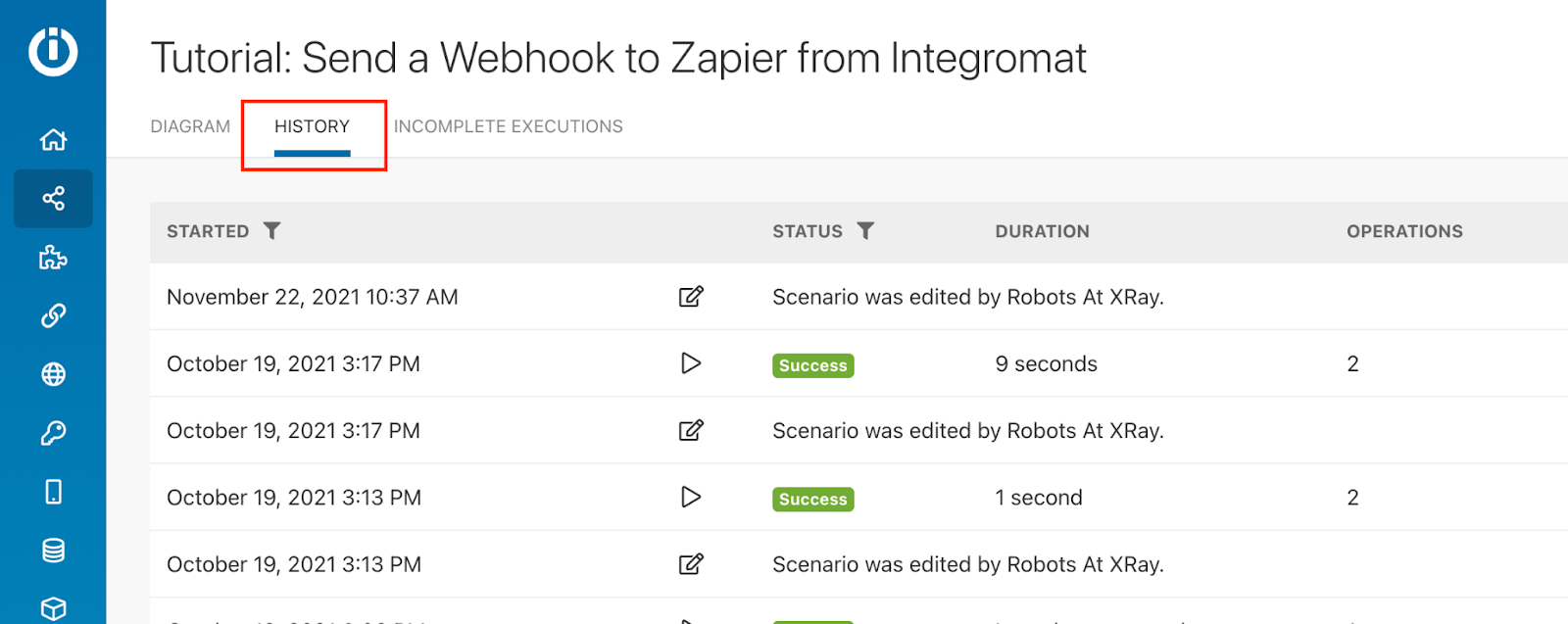Click on the "History" tab to see the history of any given Integromat scenario