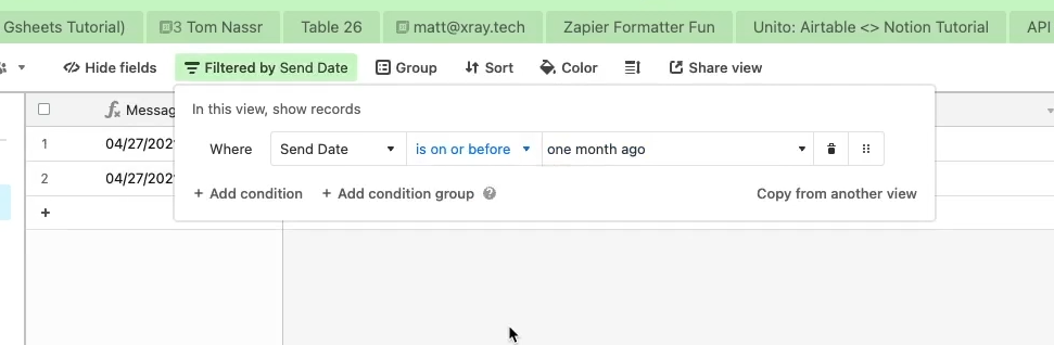 New Airtable view Filtered by the Send Date