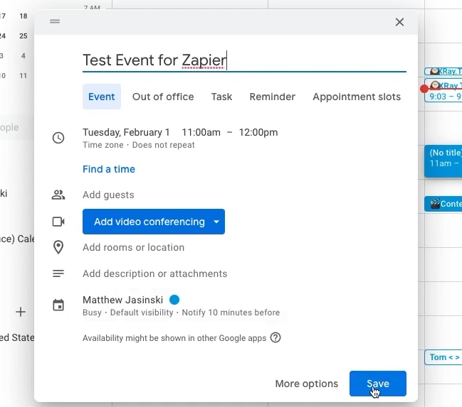 create a test event in Calendar to use as test data