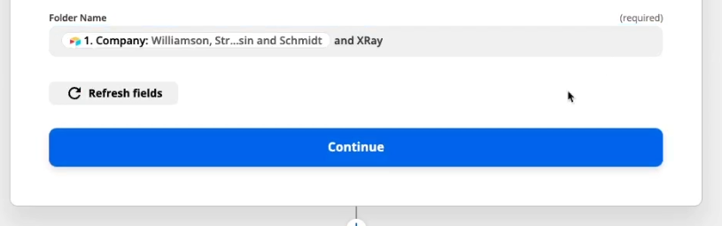 The bottom half of the Google Drive step with the Folder Name being the dynamic data from the previous Airtable view along with "and XRay" highlighted