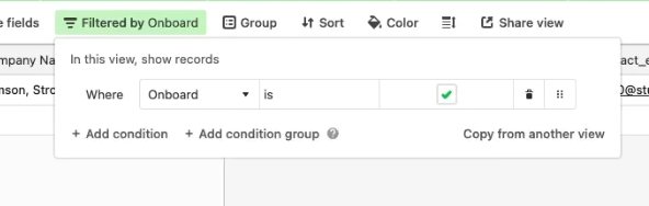 Airtable Filter Menu open with the conditon being Where "Onboard" is "checked" 