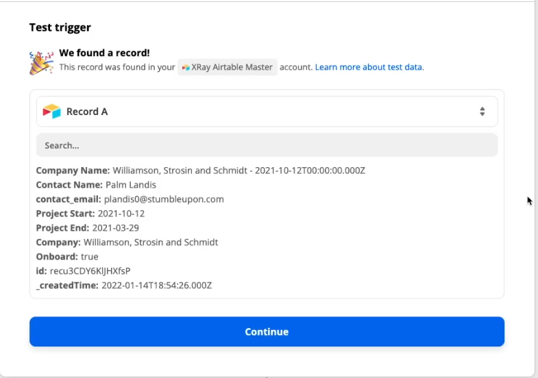 A Zapier trigger test returning the Airtable record from the previous view