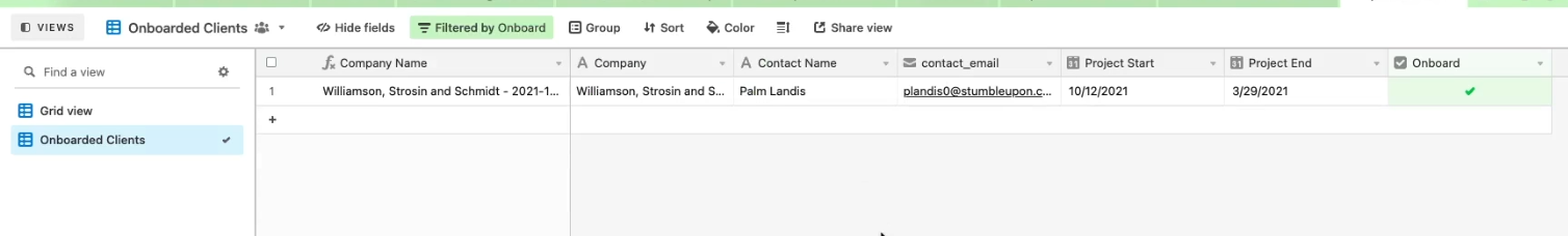 A view of an "Onboarded Clients" view with filters applied and only 1 record displayed