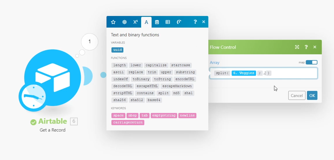 Use the "split" function in the Text and binary functions tab to turn ant string into an array