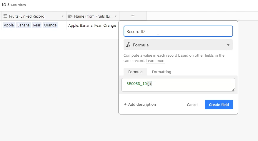 Formula field in Airtable to get the Record ID