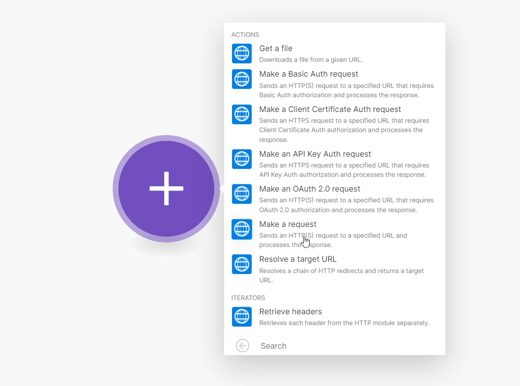Choose "Make a Request" action in the HTTP action menu