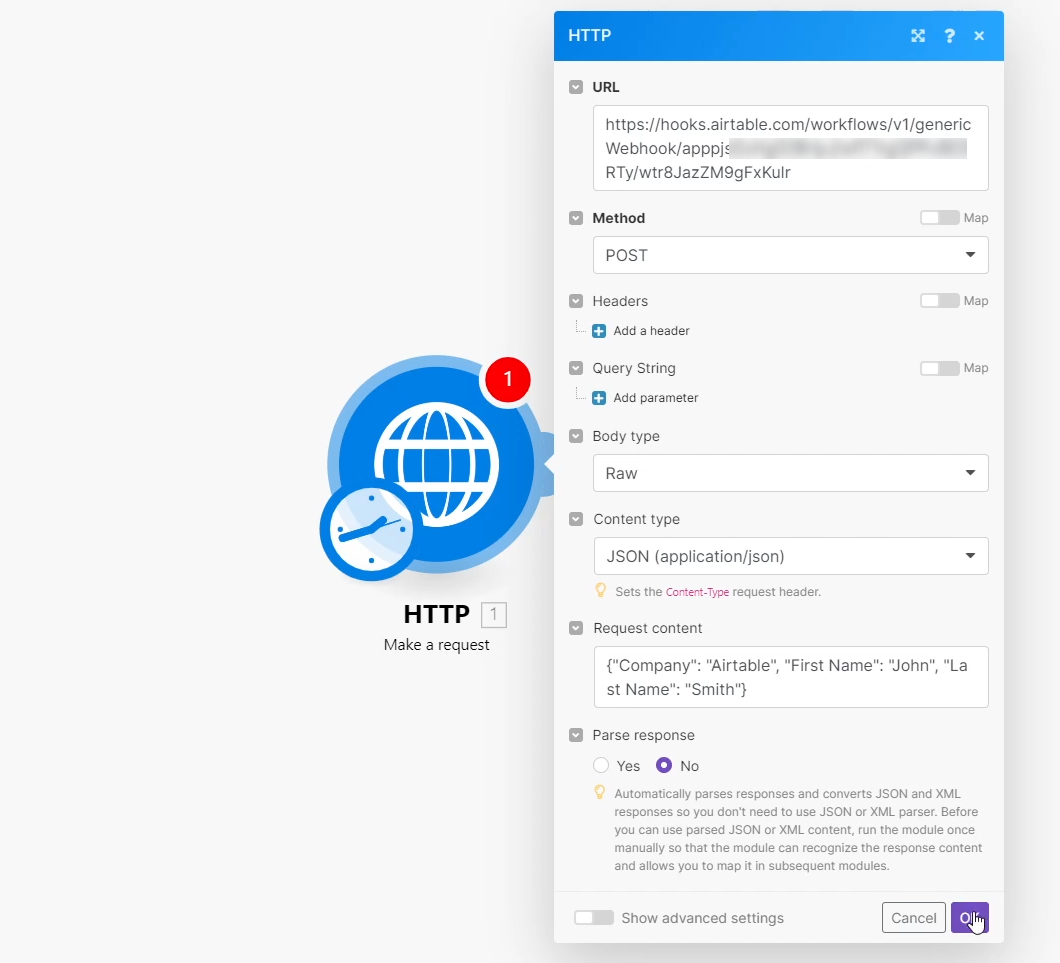 Configure the rest of the HTTP call for Airtable make sure it is in a Raw JSON format