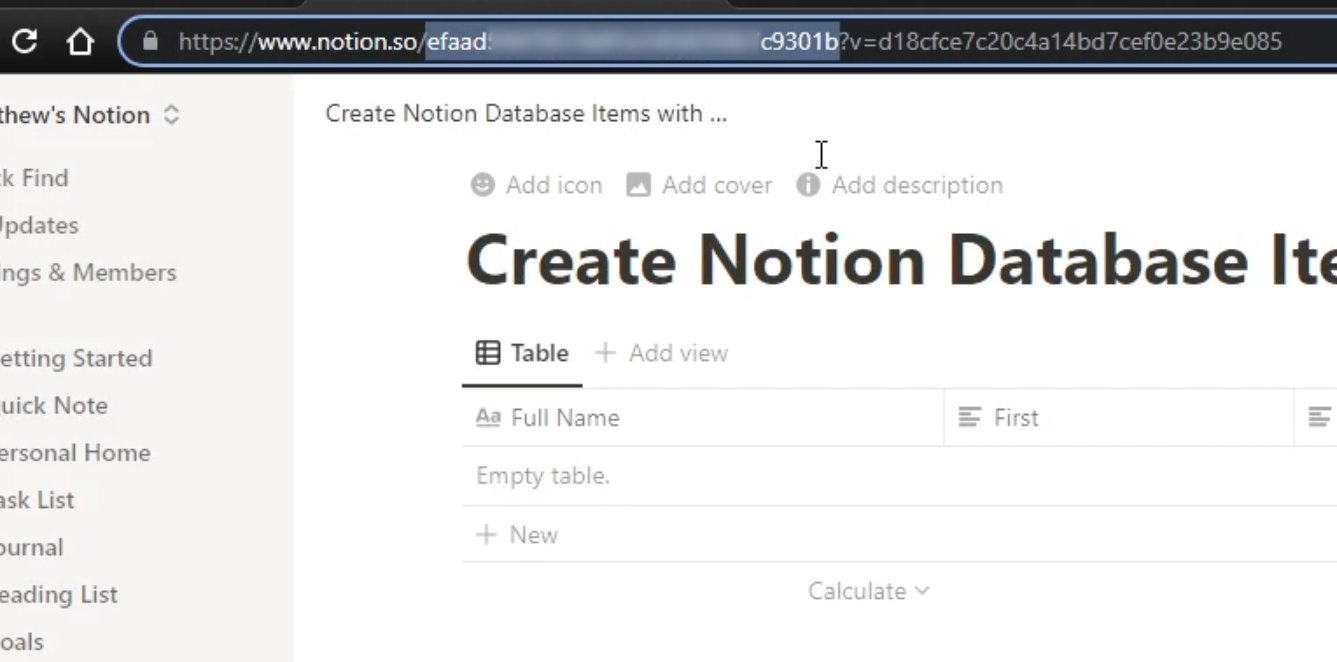 A view of the URL for Notion with the Notion Database ID visible immediately after the "notion.so"