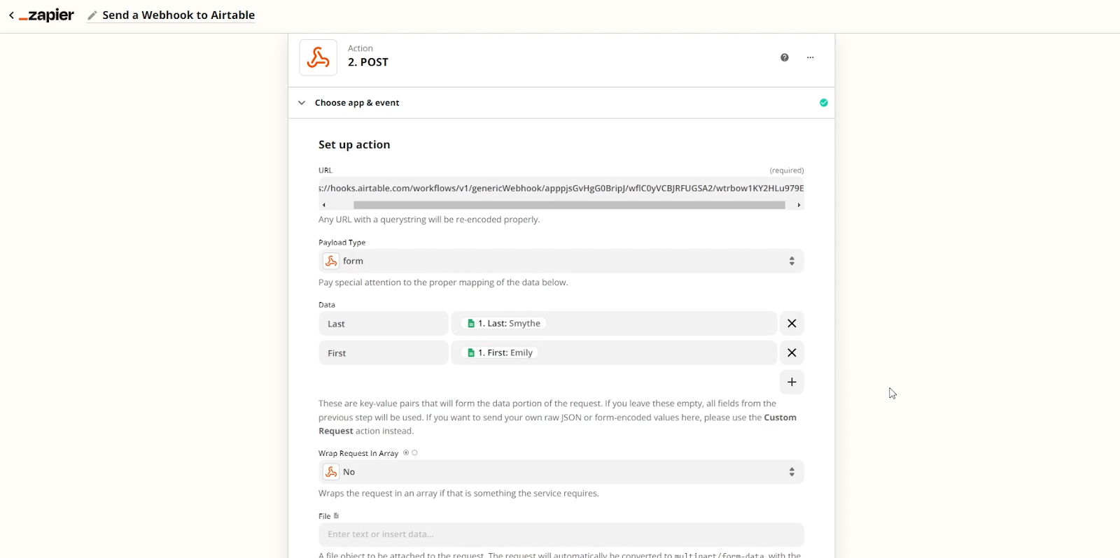 Configure the content of the Webhook in Zapier