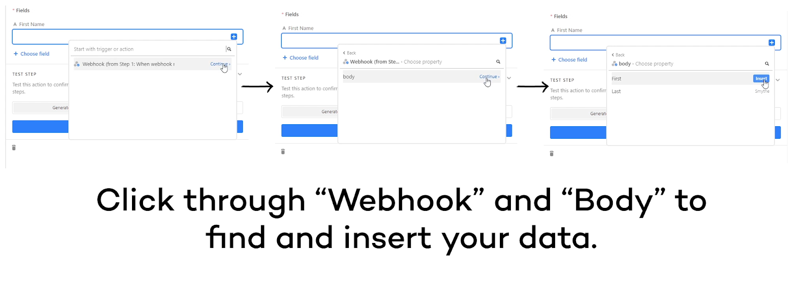 Click through "Webhook" and "Body" to find and insert your data.