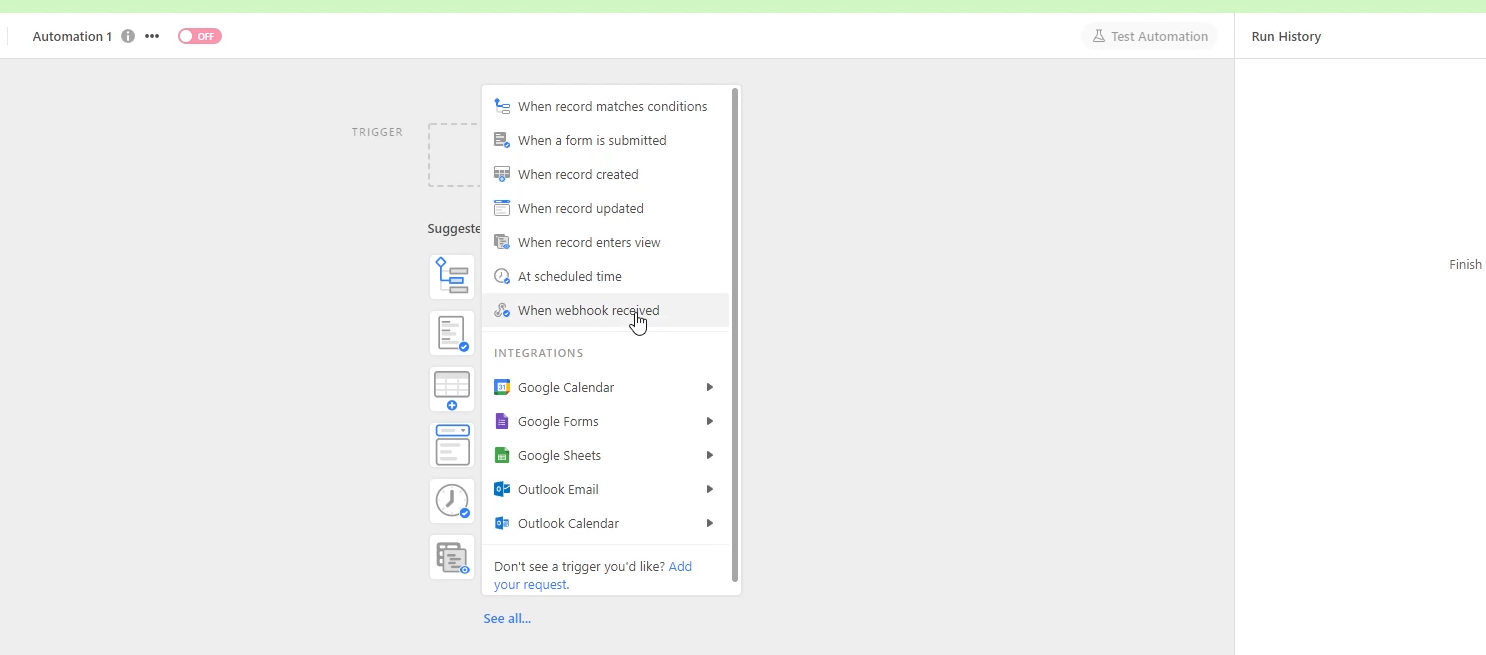 Choose "When webhook recieved" trigger on the Airtable automation menu